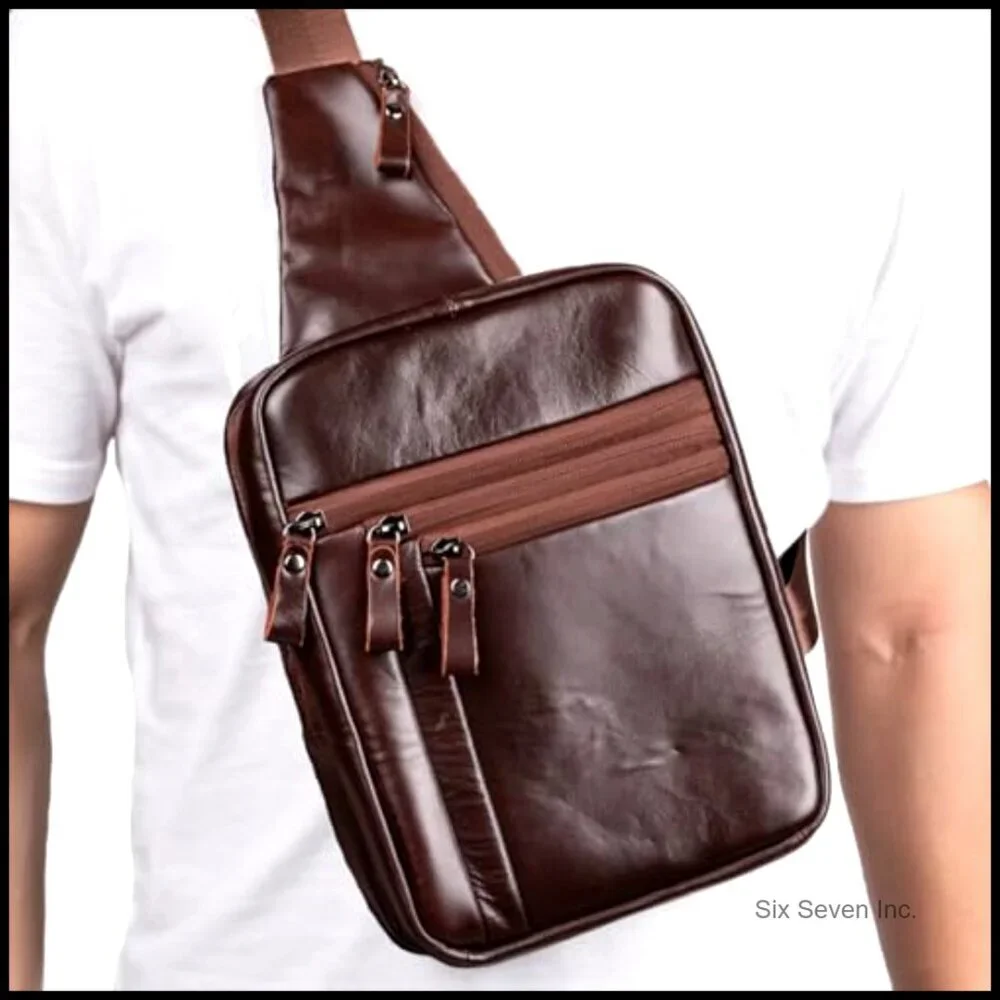 Leather Tactical Sling Bag Crossbody Messenger Adjustable Strap Vintage Minimal